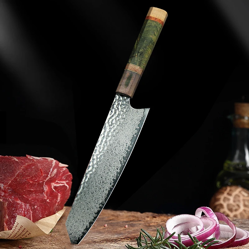 

Damascus Chef Knife 8 Inch Vg10 Japanese Knife Stabilized Colored Wood Handle Sixty-seven Layers Of Damascus Are Freshly Forged