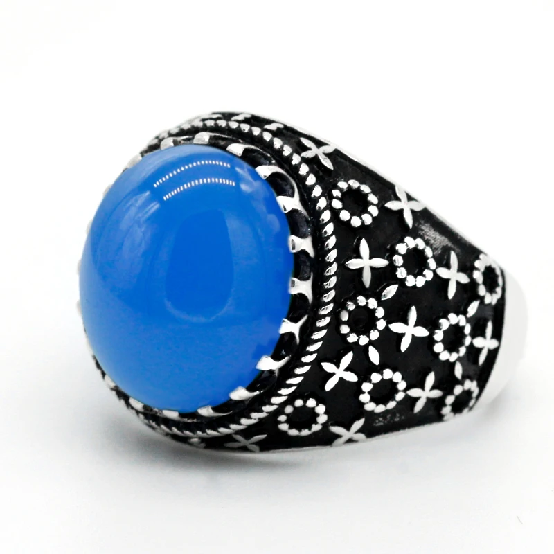 

Brand New Natural Blue Onyx Rings Men's Ladies 925 Sterling Silver Cross and Round Men's Rings Punk Turkey Unisex Jewelry Gifts