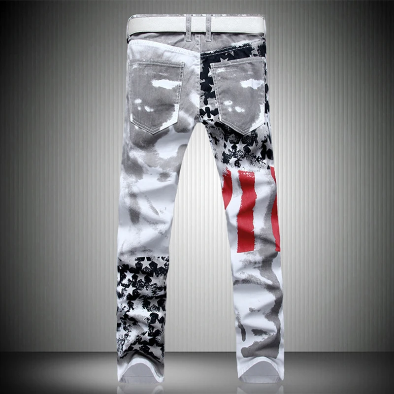 New Mens Streetwear Jeans Fashion Print Straight Jeans White Causal Slim Denim Pants High Street  Denim Trousers For Men 2023