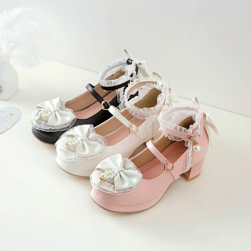 

2022 spring women shoes plus size 22-27cm cute lace cross straps Mary Jane shoes Japanese original Lolita shoes pearl decoration