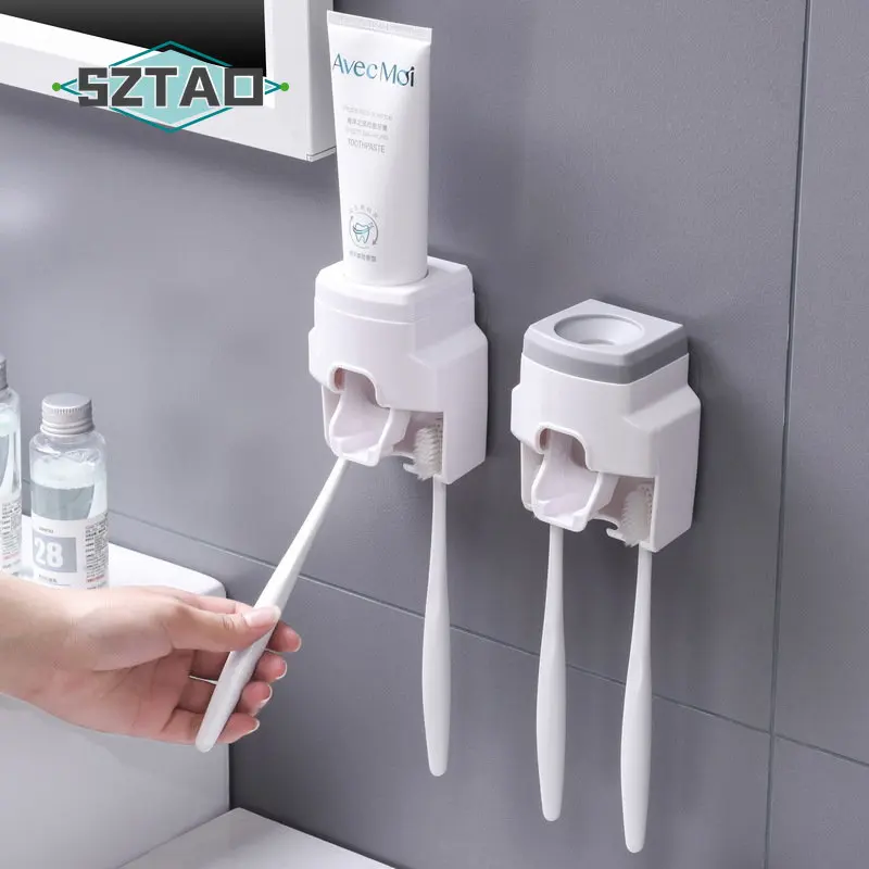 

Automatic Toothpaste Squeezer Wall Mount Toothbrush Stand Rack Bathroom Toothpaste Dispenser Toothbrush Holder Accessories
