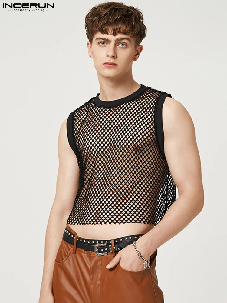 

Fashion Casual Style Tops INCERUN New Men See-through Mesh Vests Streetwear Hot Sale Male Solid Loose Truncated Waistcoat S-5XL