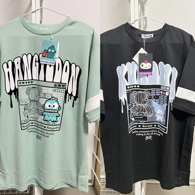 

Sanrio Hangyodon T-shirt pixel print Kuromi Top Y2K New Summer Women Temperament Sweet Anime Cartoon round neck Short Sleeve