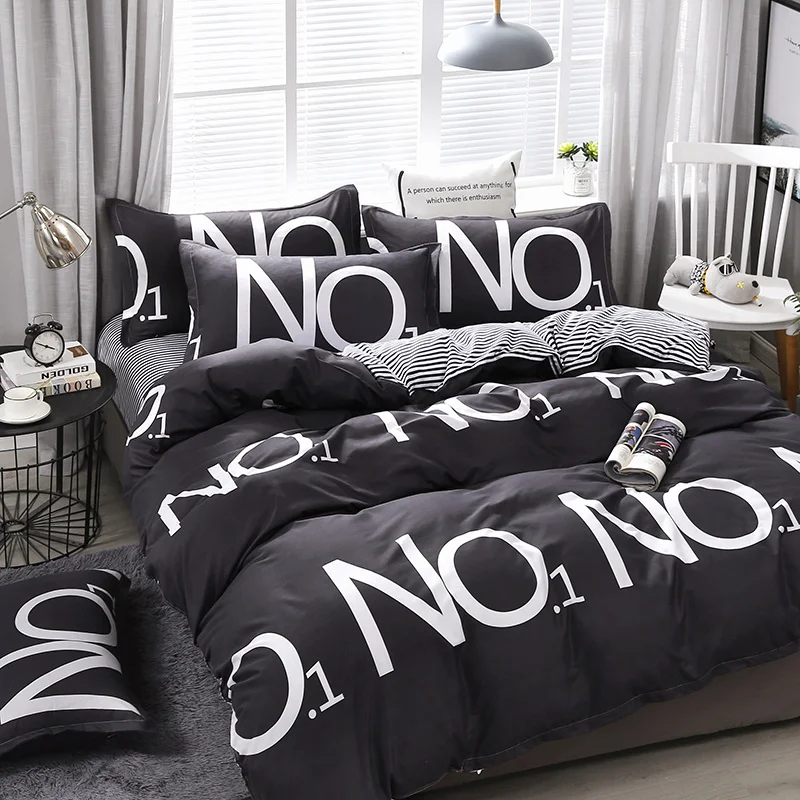 

Letter Print Black Dormitory 150x200 Single Bedding Set 3/4 Piece Washed Quilt Cover Quilt Cover Sheet Queen Size Full Bed Sheet