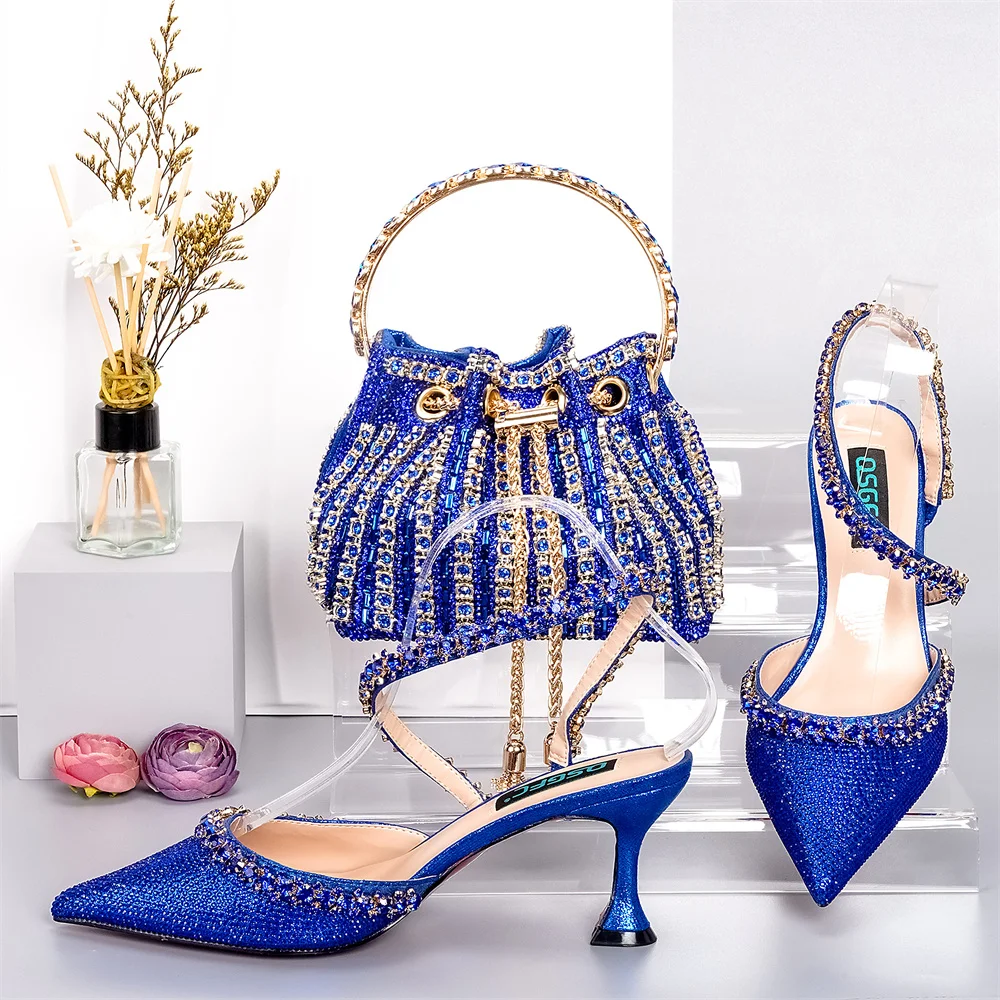 

2023 Classics Design Italian Women Shoes and Bag Set in Royal Blue Color Nigerian Women Shoes Matching Bag for Wedding Party