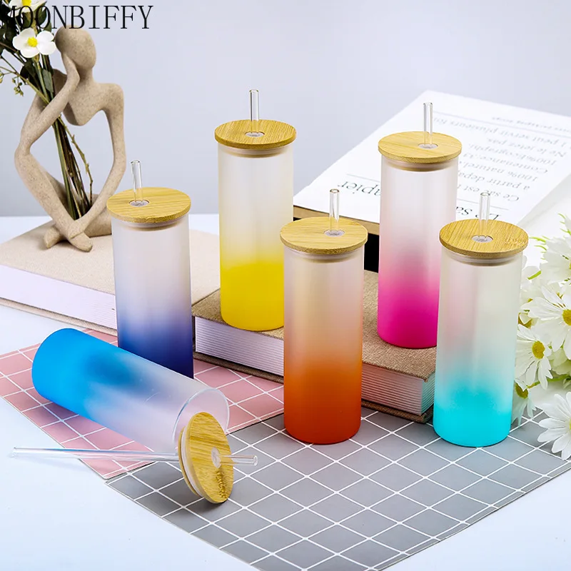 17oz Gradient Color Sublimation Straight Glass Tumbler Coffee Mug Beer Juice Wine Glasses Frosted Mug with Bamboo Lid