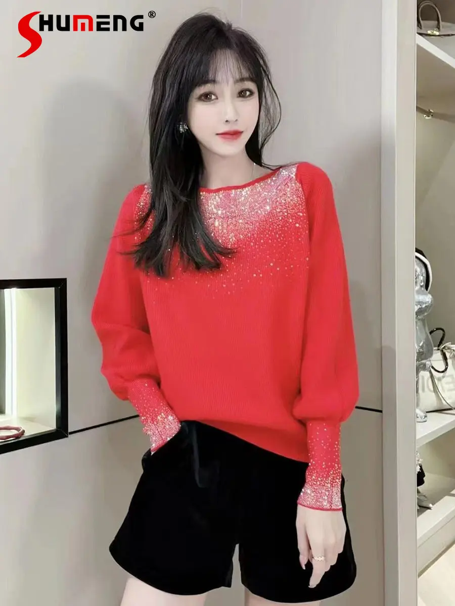 

High-Grade Exquisite Rhinestone Pullover Sweater Women 2022 Fall Winter New Fashion Sweet Thick Short Chic Crew Neck Knitted Top