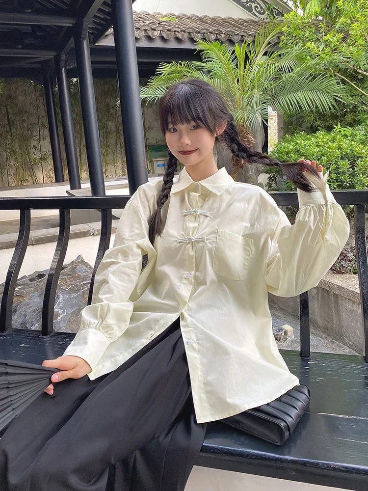 Блузка женская в китайском стиле Харадзюку с длинным рукавом и пуговицами