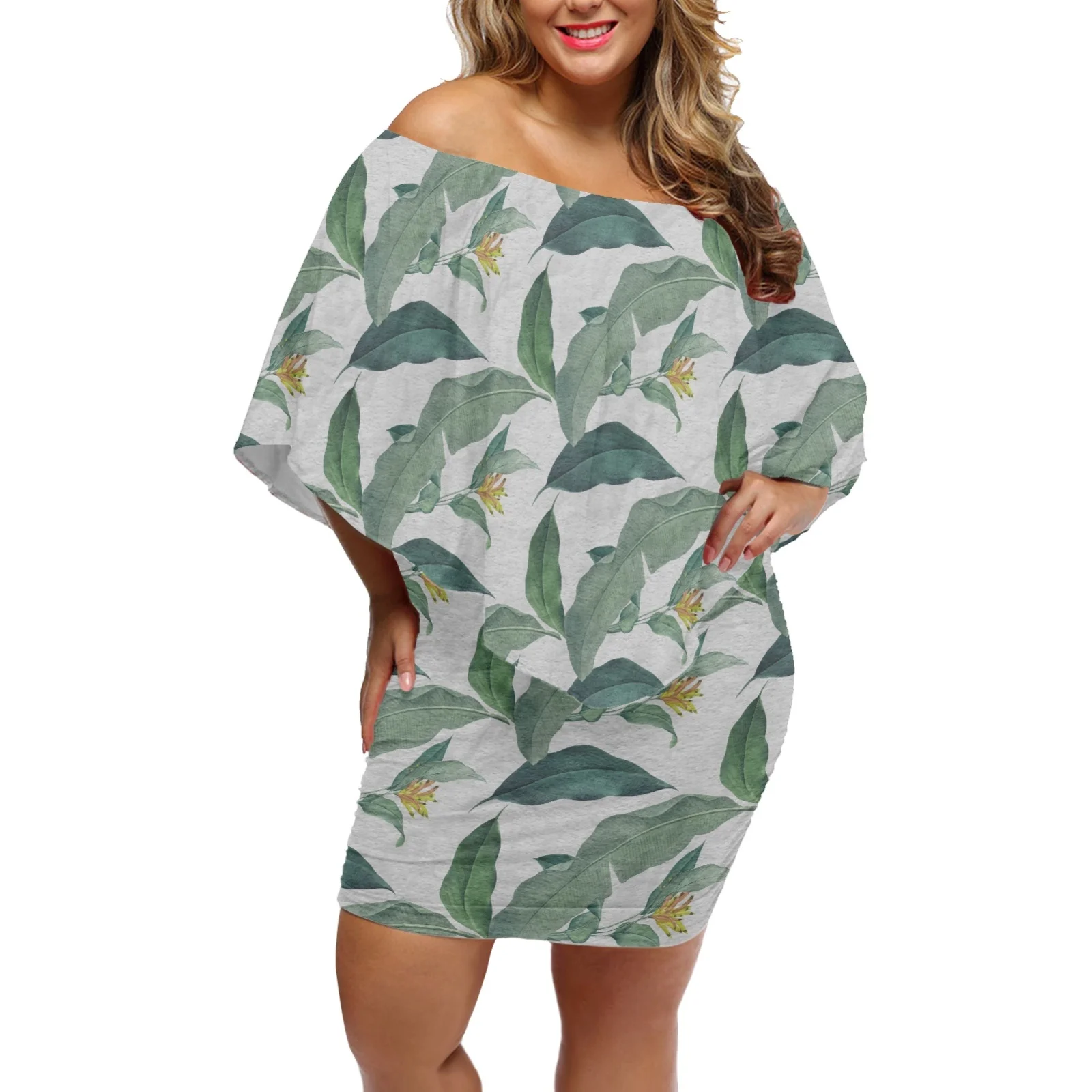 

Hawaii Tribe Elegant Summer Women's Clothing Women Party Dress Palm leaves Printing Off Shoulder Bat Sleeves Buttocks Skirt