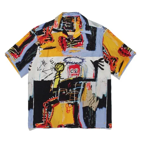 Гавайская рубашка в японском стиле для мужчин и женщин, Пляжная сорочка оверсайз с воротником с короткими рукавами, с цветными граффити, уличная одежда