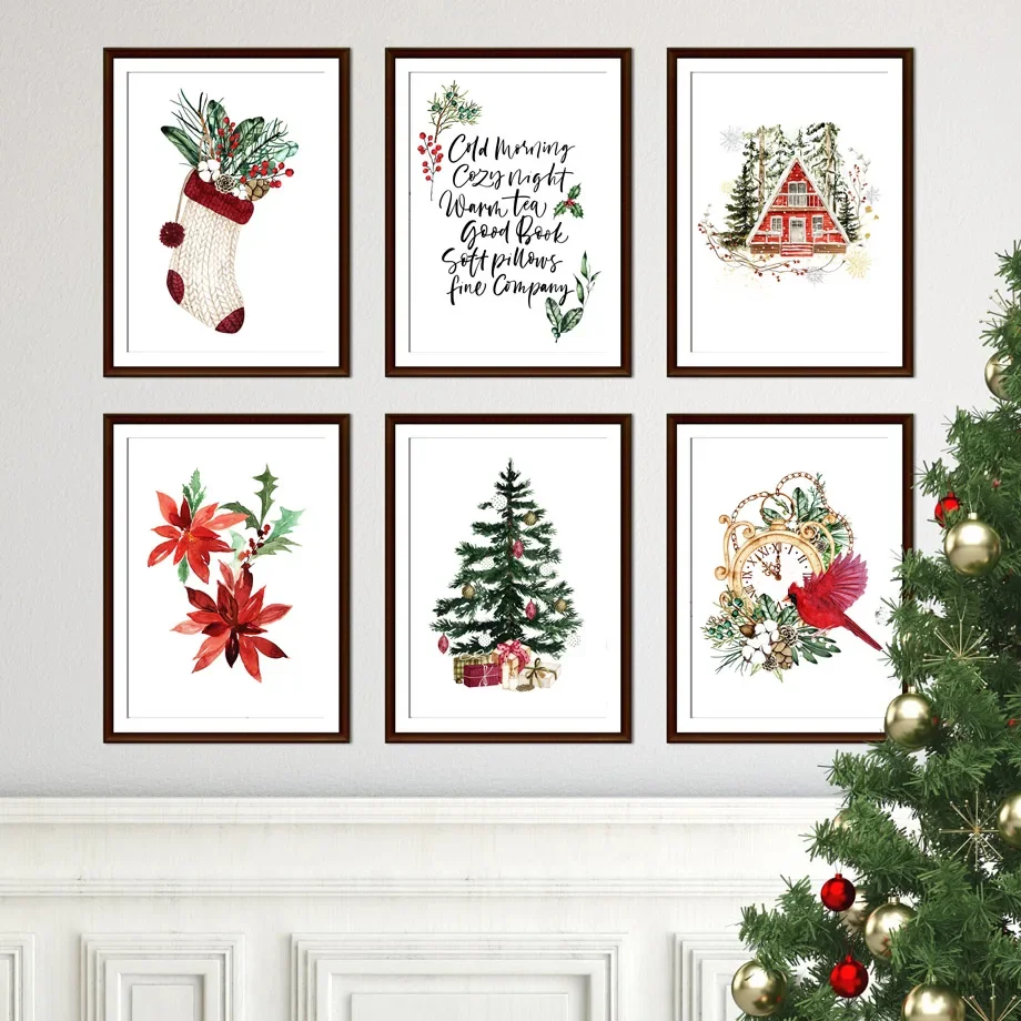 Рождественская тема сосна Цветок Птица Красный Дом снег настенное искусство