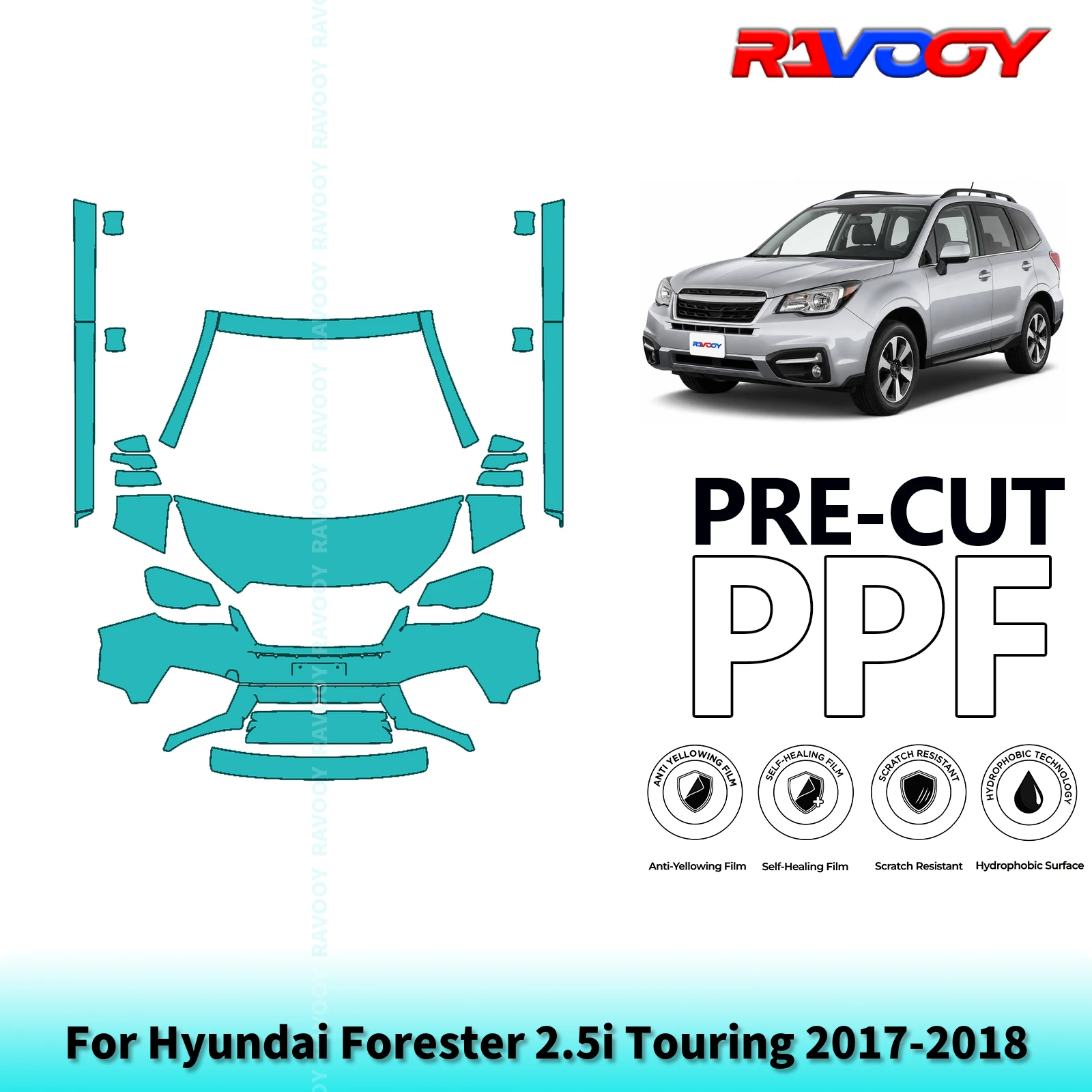 Фото Для Hyundai Forester 2.5i Touring 2017-2018 Частичная защита передней части + порогов, предварительно вырезанная защитная пленка PPF толщиной 8,5 мил, прозрачная/матовая/черная. №1