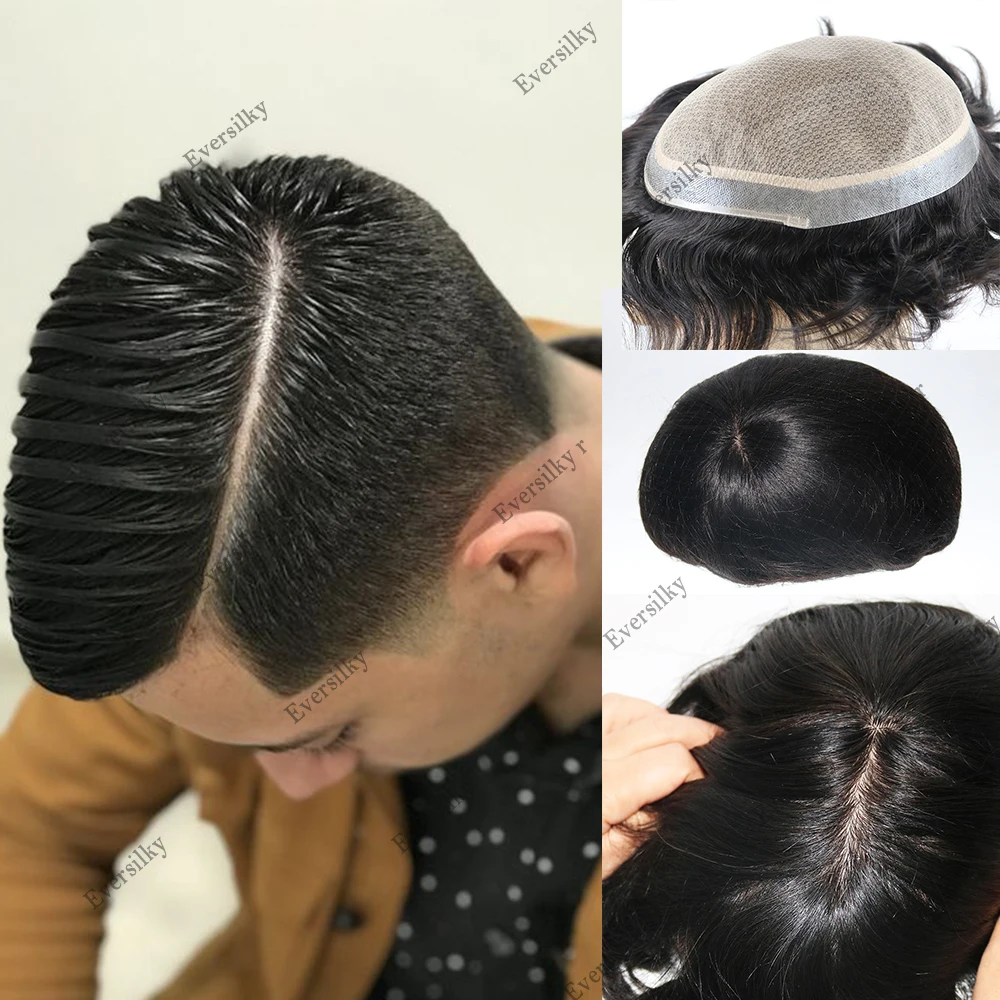 

Silk Base Men's Toupee With Poly Around Natural Scalp Looking Bleached Knots 100% Indian Hair Replacement System Man Prosthesis