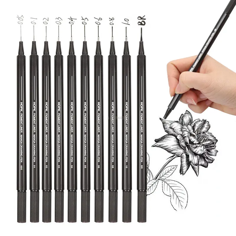 10 Size Black Micro Fineliner Ink Pens 0.05 0.1 0.2 0.3 0.4 0.5 Brush Tip for Artist Illustration Sketching Technical Drawing