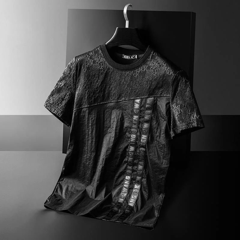 

high-end dark jacquard short sleeve t-shirt men's 2022 summer ribbon splicing casual men's round neck half sleeve large