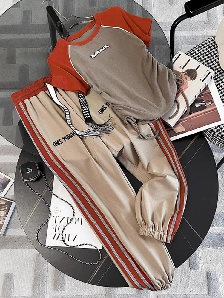 

A GIRLS Summer Short Sleeved Casual Two Piece Set Women Outfit 2023 Slim O Neck T Shirts+Lace-Up Wide Leg Trousers Suit Female T