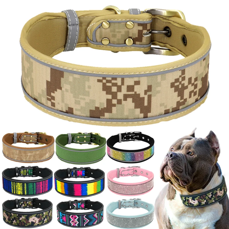 

Reflective Big Dog Collar Durable Camouflage Greyhound Collar Wide Bling Rhinestone Pet Puppy Collars For Small Medium Large Dog