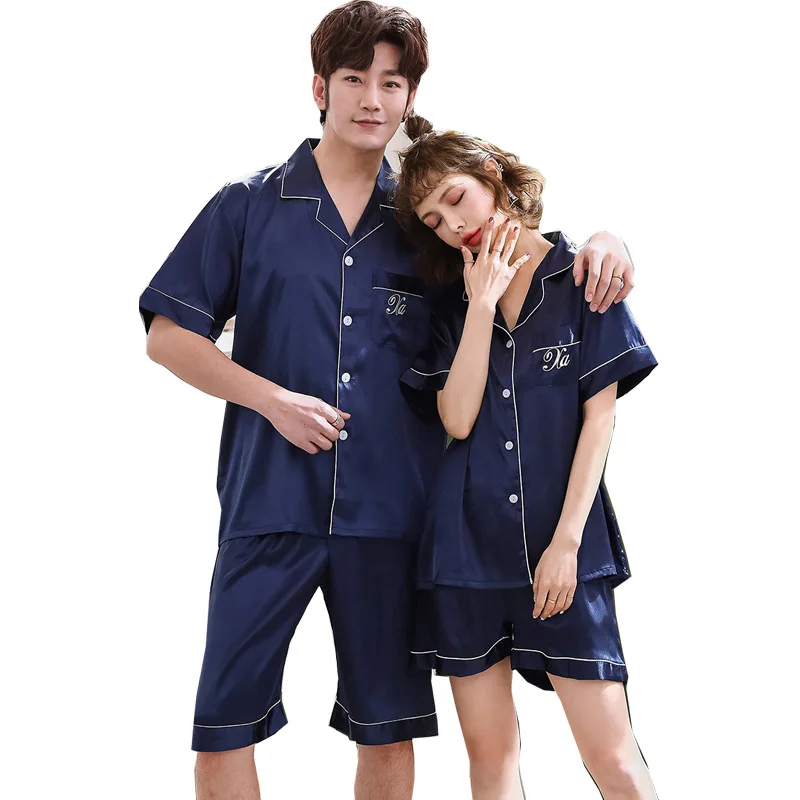 

2022 Couple Pajamas Short-sleeved Suits Large Size Thin Imitation Silk Home Wear Silk Pajamas Women's Pajamas Pajamas Set Women