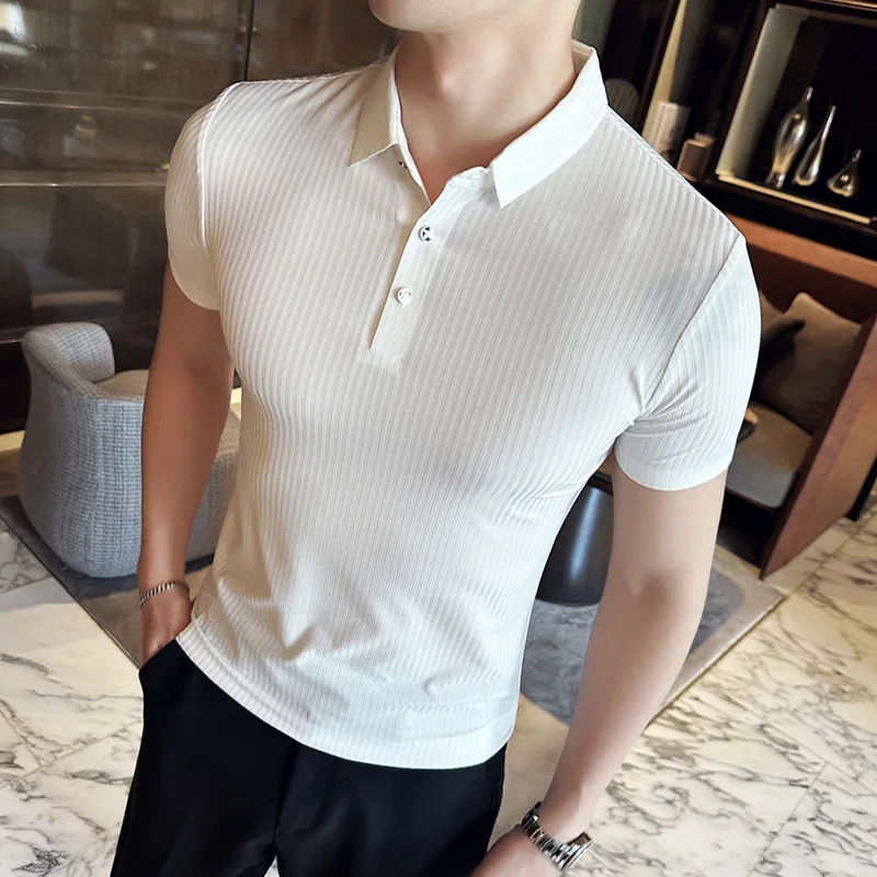 

Рубашка-поло мужская облегающая с короткими рукавами, тёмная полосатая сорочка из вискозы, деловая Повседневная Эластичная, размеры до 4XL, л...