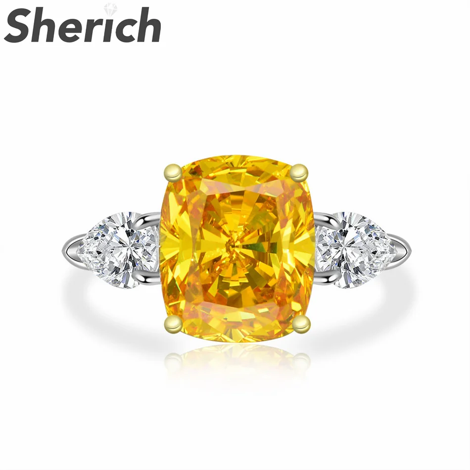 

Sherich 11ct Yellow Rectangle High Carbon Diamond 100% 925 Sterling Silver Luxury Fashion Ring Women's Top Quality Brand Jewelry