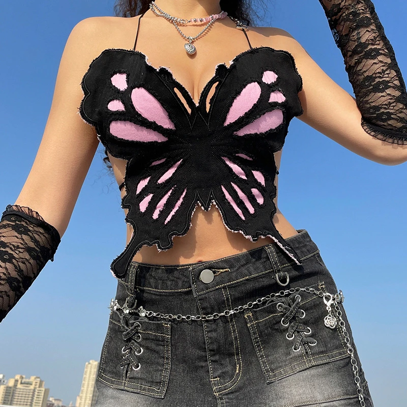 

Summer Fashion Slim Sexy Butterfly Motif Backless Low Cut Girl Short Skinny Camis Crop Top Women Strap Tank Top Corset 2 Colors