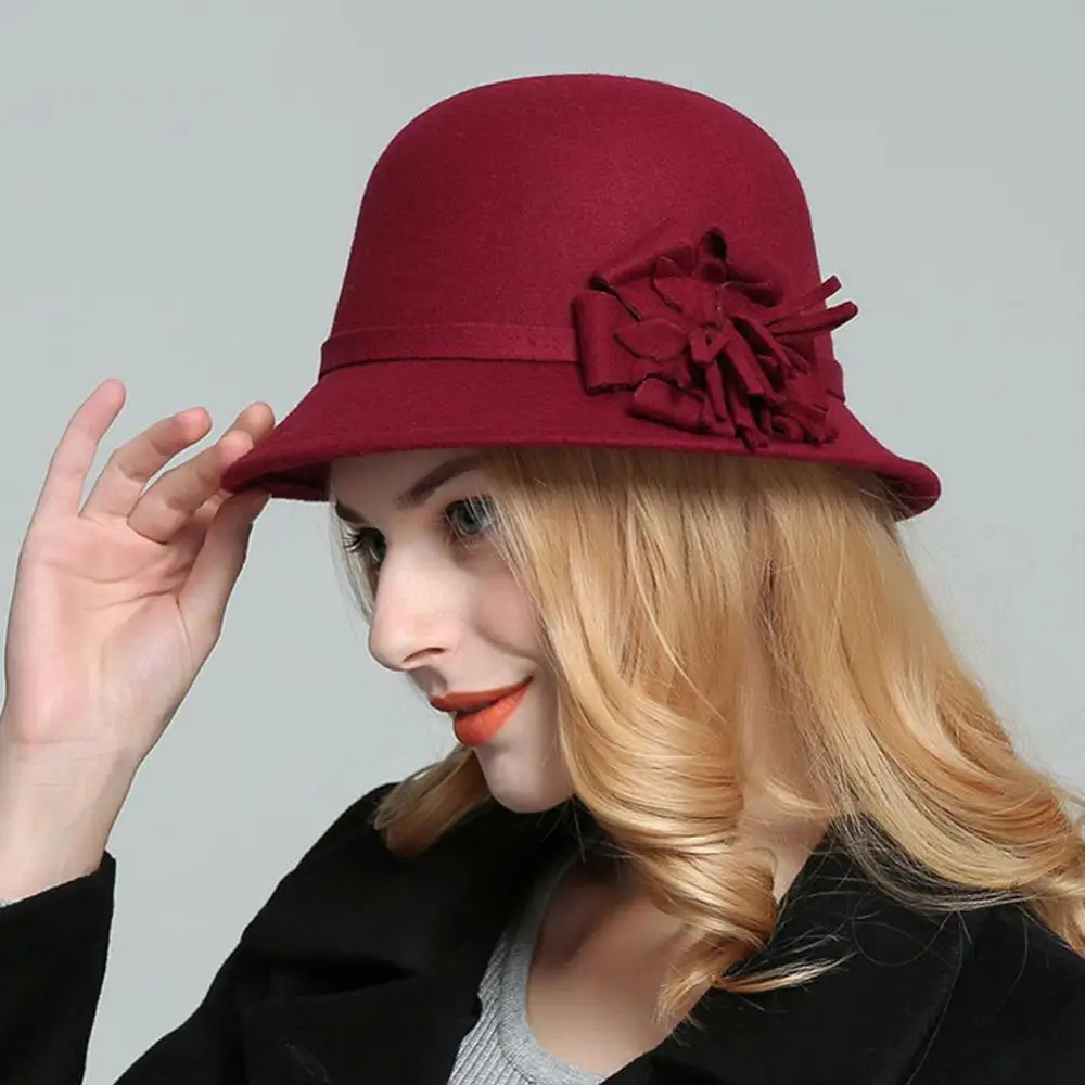

Women's Hat Imitation Woolen Solid Color Flower Decor Bucket Hat Bowler Cap Vintage Classic Large Warm Female Bowler Hats