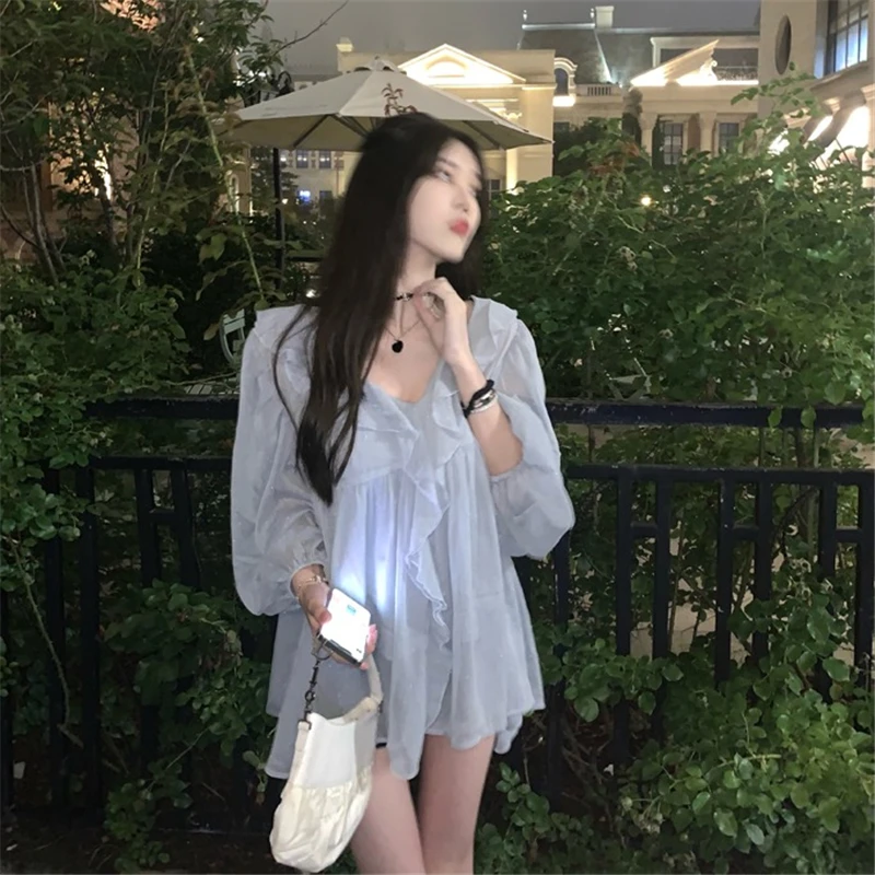 Блузка шифоновая с оборками Женская элегантная рубашка в Корейском стиле