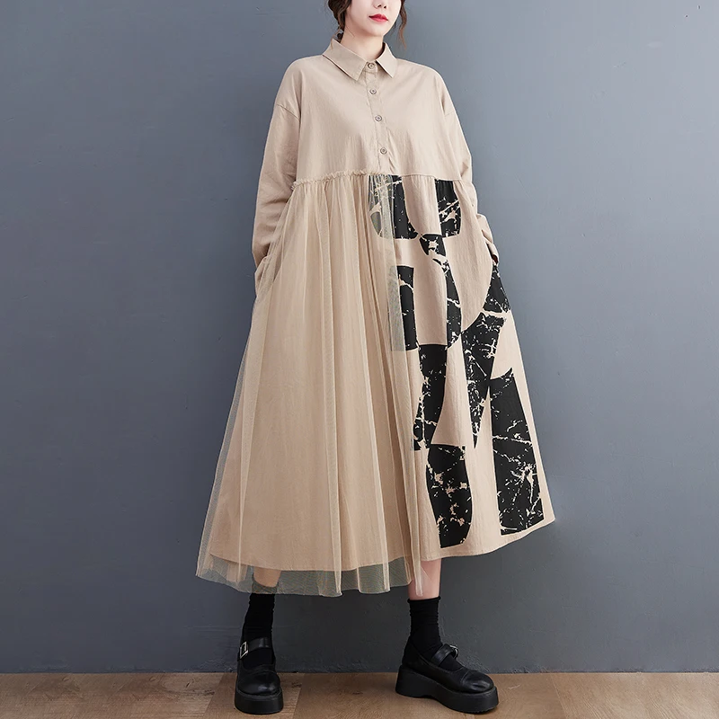 

Korean Fahion Long Sleeve Blouse Woman Dress Vestidos Cotton Loose Plus Size Lapel Mesh Patchwork Shirt Dresses For Women 2023