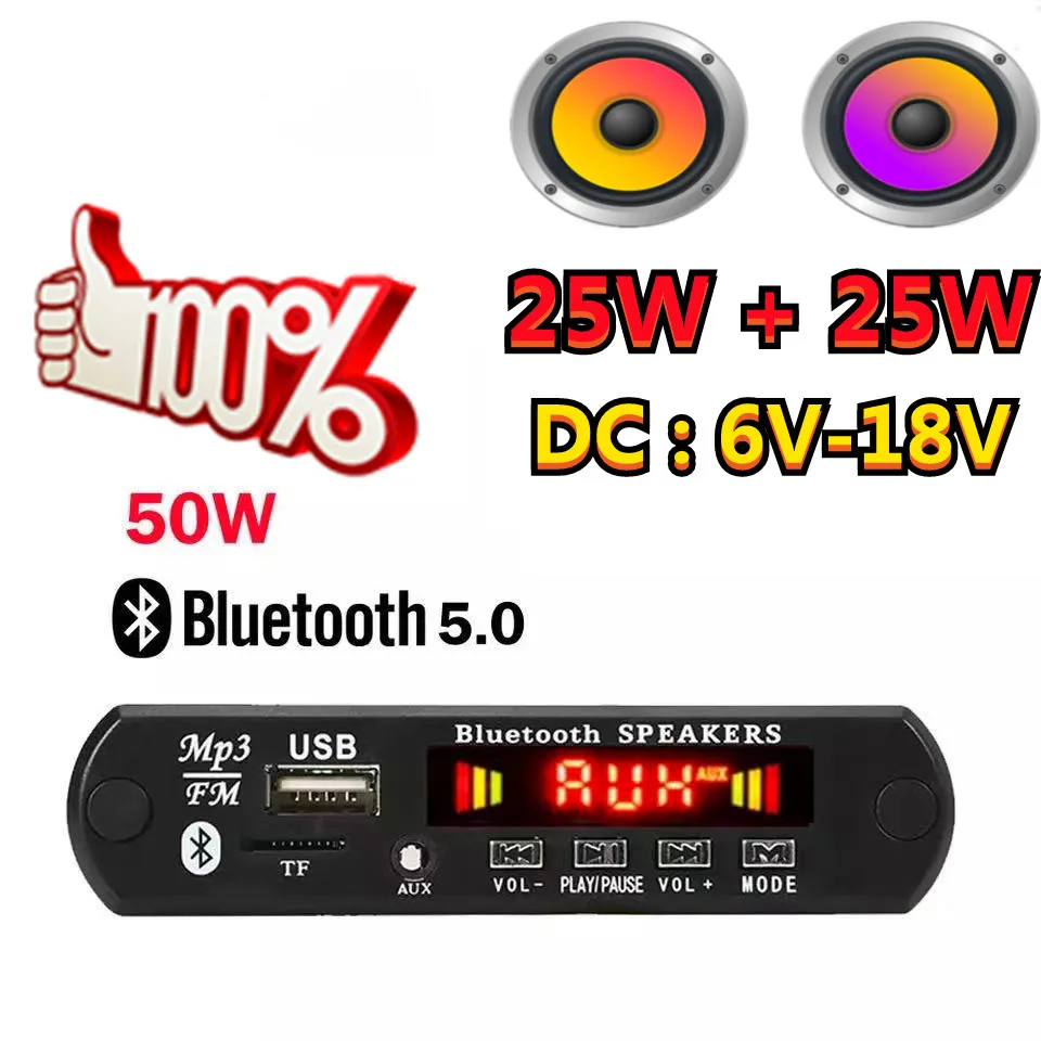 

6V-18V 50W Amplifier Bluetooth 5.0 Car MP3 Player Decoder Board Wireless FM Radio Module TF USB AUX Audio