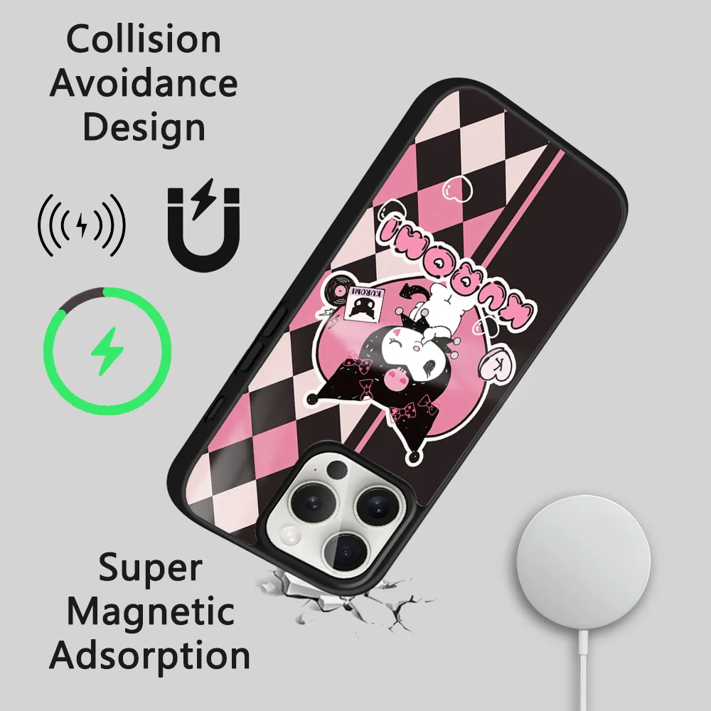 Чехол для телефона Kuromi Pink Check Magsafe iPhone 15 14 13 12 11 Pro Max Plus мини-зеркало беспроводная