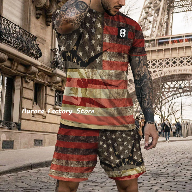 USA Flag Pattern Summer Tracksuit Men American T Shirt Set Make America Two Piece Set Outfit Male Clothing Shorts Oversized Suit