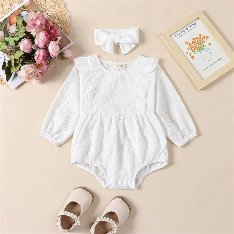 

Infant Baby Girl Jumpsuit Outfits Eyelet Jacquard Ruffled Long Sleeve Round Neck Romper Bow Headband Toddler Clothes