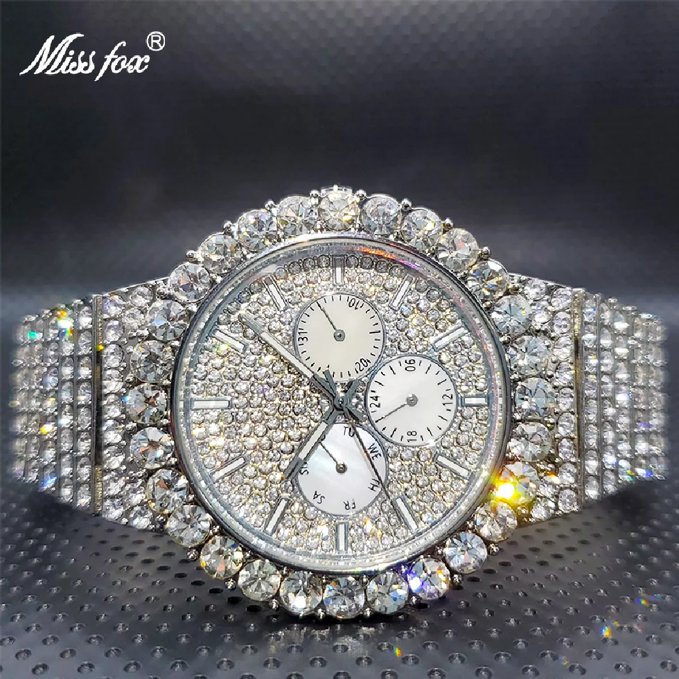 

MISSFOX Ice Out Silver Color Diamond Watch Brand Famous Chronograph Luxury Watches For Men High Quality Geneva Wholesale Items