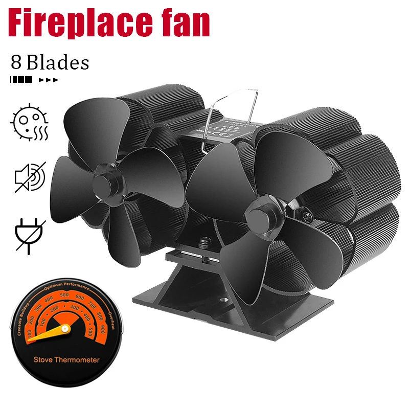8 Blade Heat Powered Stove Fan Double Headed Fireplace Fan Quiet Twin Thermal Power Ventilation Home Efficient Heat Distribution