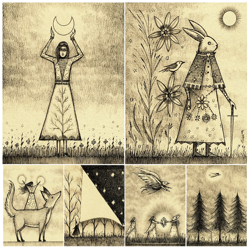 

Witches And Rabbit Witches Vintage Wall Art Canvas Paitning Mysterious Witchcraft & Magic Folk Art Poster And Print Home Decor