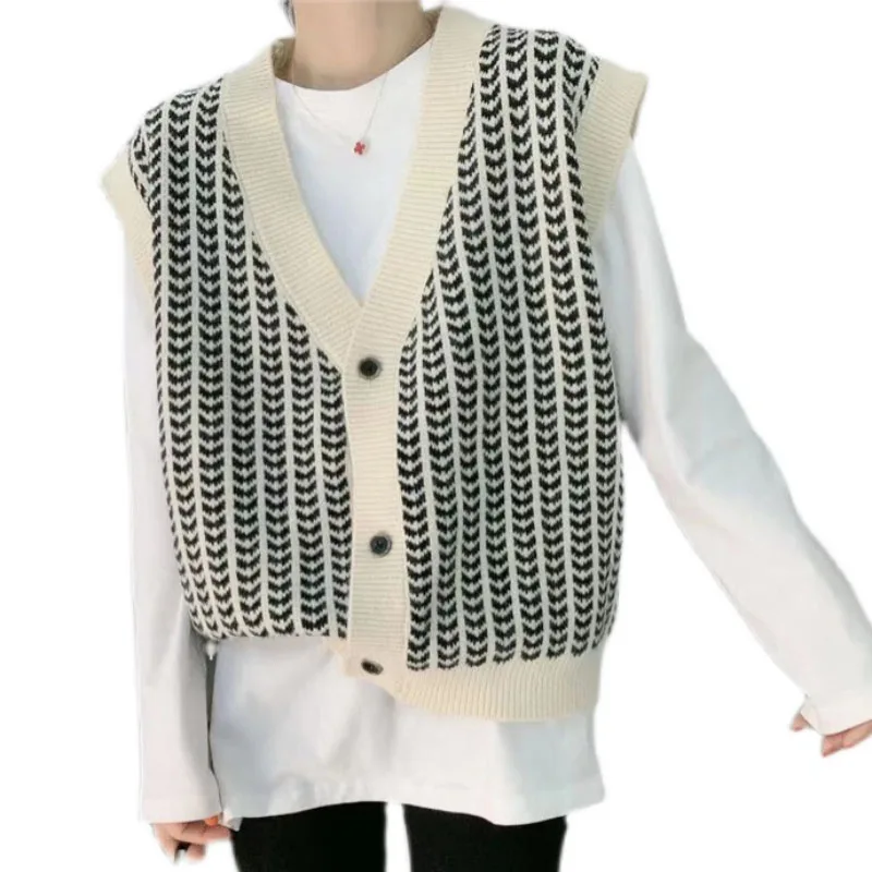 

Женский свитер оверсайз, жилет, модный клетчатый черный Свободный кардиган с V-образным вырезом, мягкий дизайнерский корейский шикарный вяз...