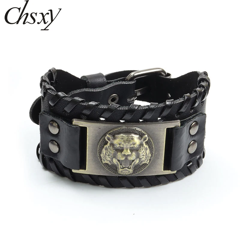 

Vintage Tiger Head Punk Leather Bracelets for Men Jewelry Zinc Alloy Animal Multilayer Weave Snap Buttons Bracelet Bangles Gifts