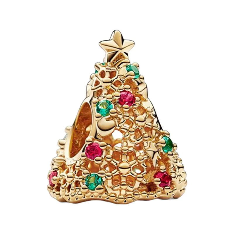 

Shine Gold Openwork Christmas Tree Charms For Women Red Green Crystals Stars Hearts Snowflakes Fine Jewelry Making DIY Bracelets