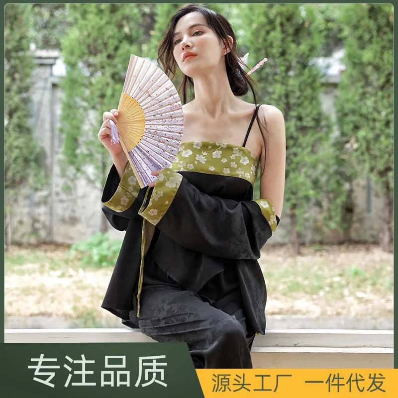 

Пижама Seding Женская однотонная с длинным рукавом, кардиган на бретельках, укороченный топ, брюки, модная однотонная одежда для сна, пижама, 3 ш...