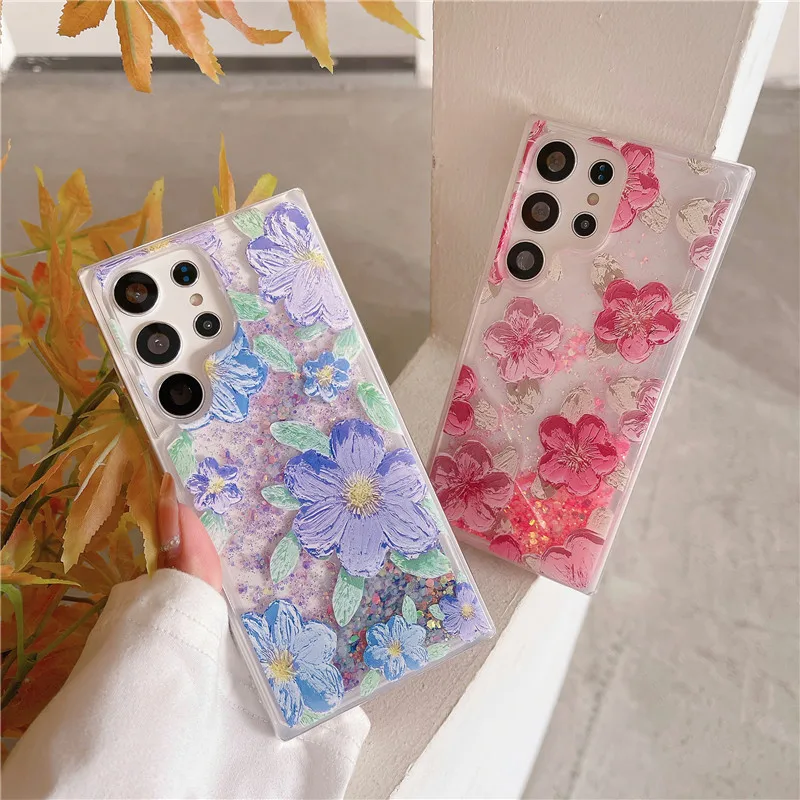 

S23 Ultra S22 S21 S20 FE Note 20 10 Cover Fashion Luminous Liquid Sand Flower Glitter Cover for Samsung A53 23 33 73 14 32 52 51