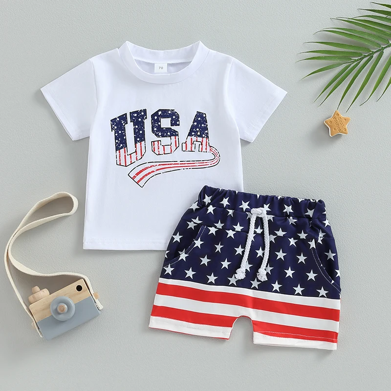 

2023-05-21 Lioraitiin 0-3Years Toddler Baby Girl 2Pcs Letters Print T-shirt with Stars Striped Shorts Outfit for 4th of July