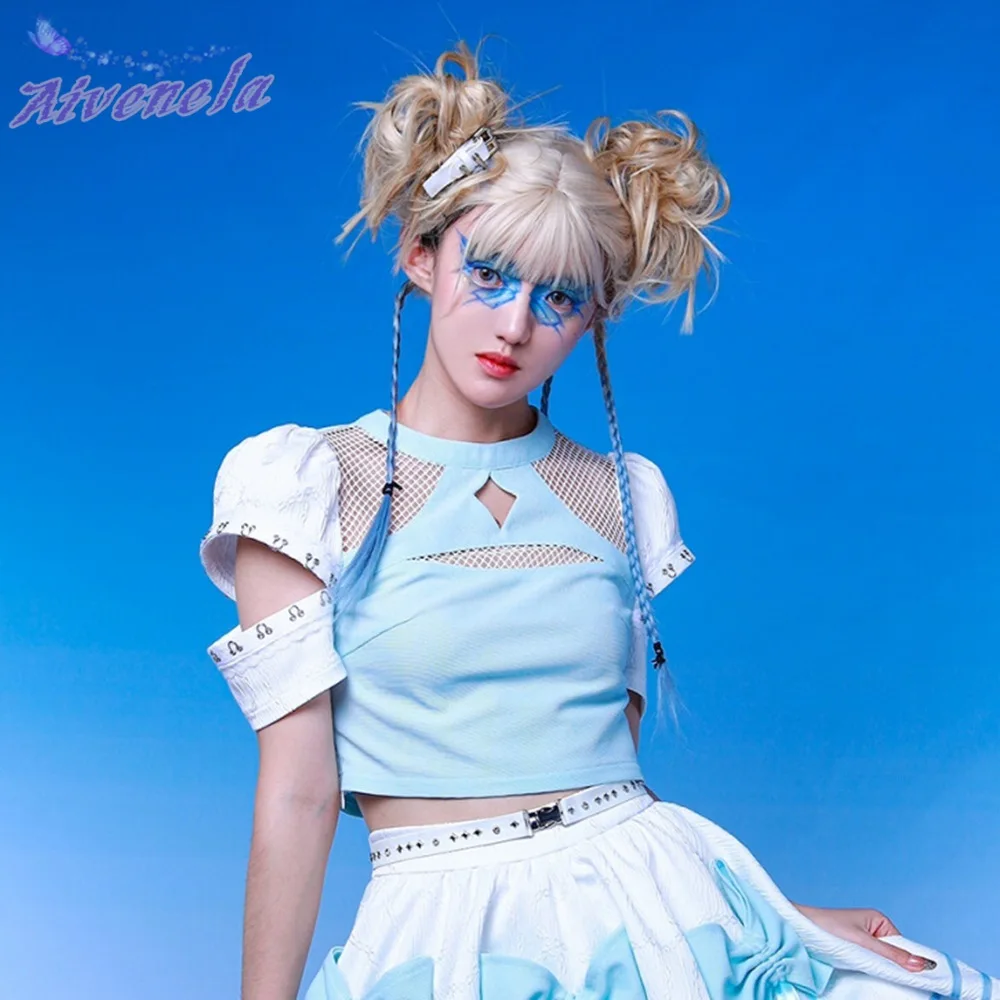 Базовая футболка в стиле Харадзюку Y2K для девочек Милая женская сетку с вырезом и