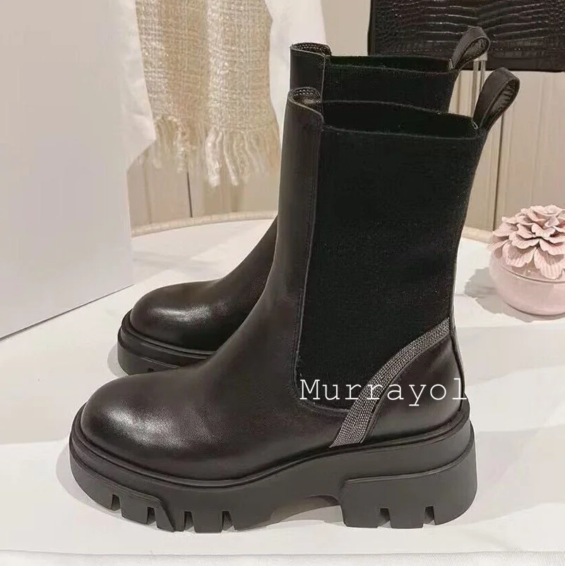 Короткие сапоги с декором из бисера и толстой подошвой женские ботинки коровьей