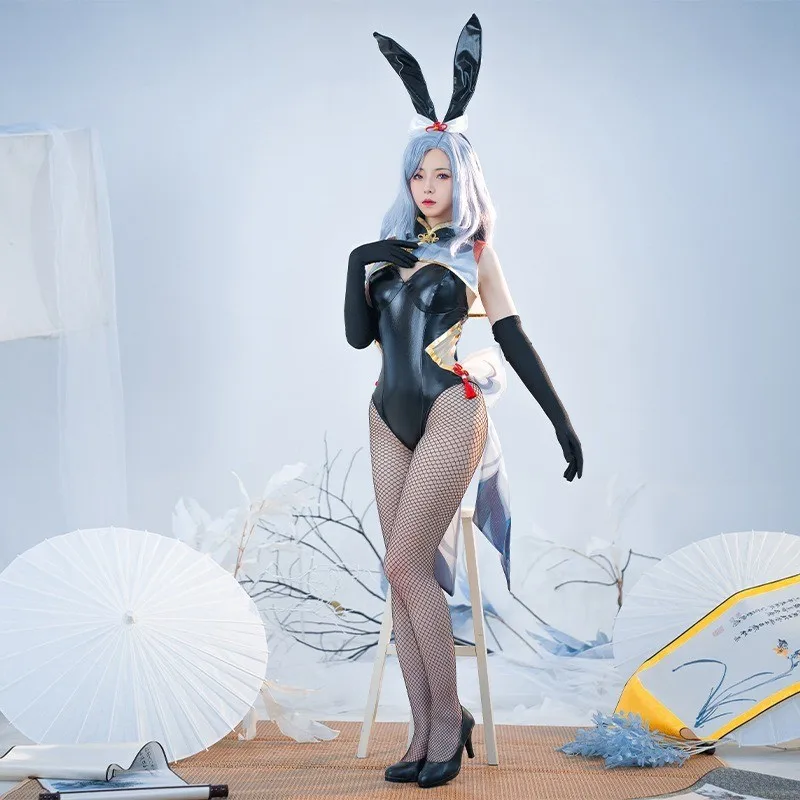 

Игровые костюмы для косплея Genshin Impact Shenhe Bunny Girl, униформа для взрослых, черная блестящая сатиновая цельная одежда с чулками