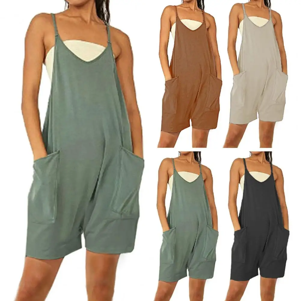

Women Loose Style Overalls Boho Solid Color Square Collar Playsuits Sleeveless Rompers Summer Casual Clothes
