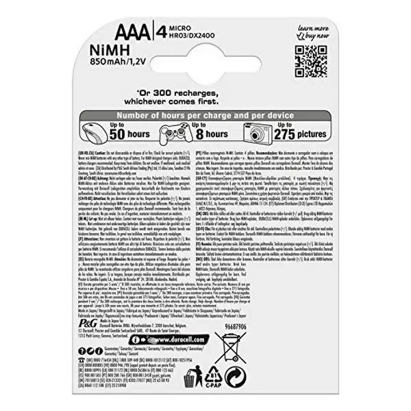 Аккумуляторные батареи DURACELL DURDLLR03P4B HR03 AAA 800 мАч (4 шт.) | Электроника