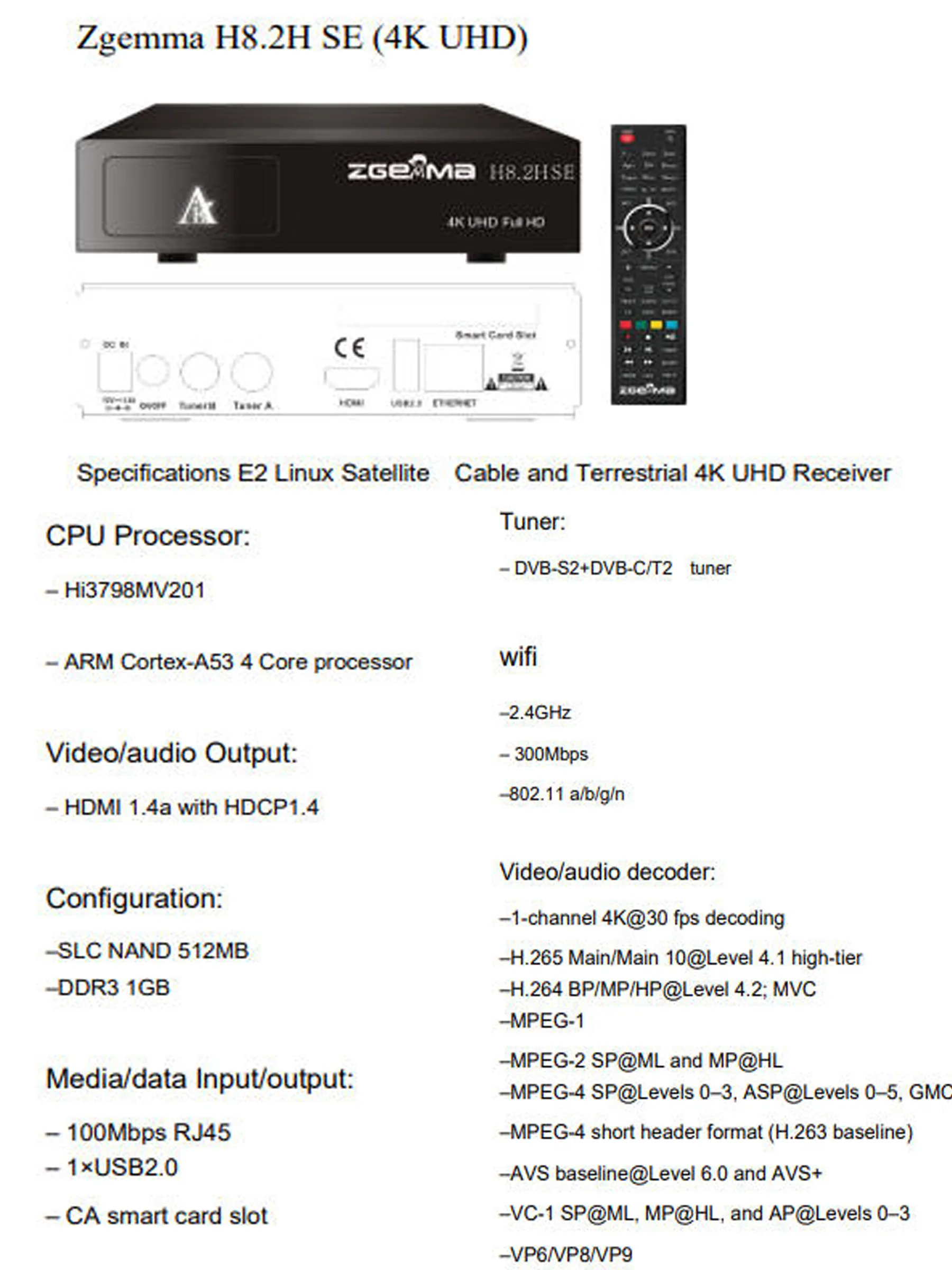 Фото Оригинальный】Новейший 2026 года Zgemma H8.2H SE Linux Enigma2 DVB-S2X+DVB-T2/C Linux спутниковый кабельный эфирный 4K UHD ресивер с поддержкой CA №3