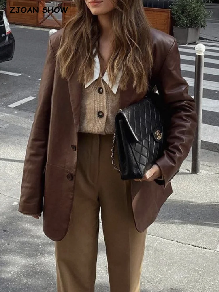 

2022 Autumn Winter Women PU Leather Blazer CHIC Lapel Full sleeve Pockets Loose Suits Oversized Jacket Tops Casual Coat