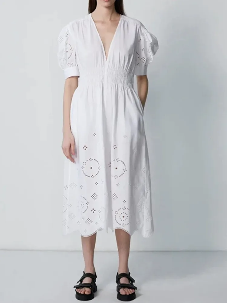 Women Hollow Out Floral Embroidered Robe 2023 Spring Summer Ladies White Cotton Puff Sleeve V-Neck Elastic Waist Midi Dress