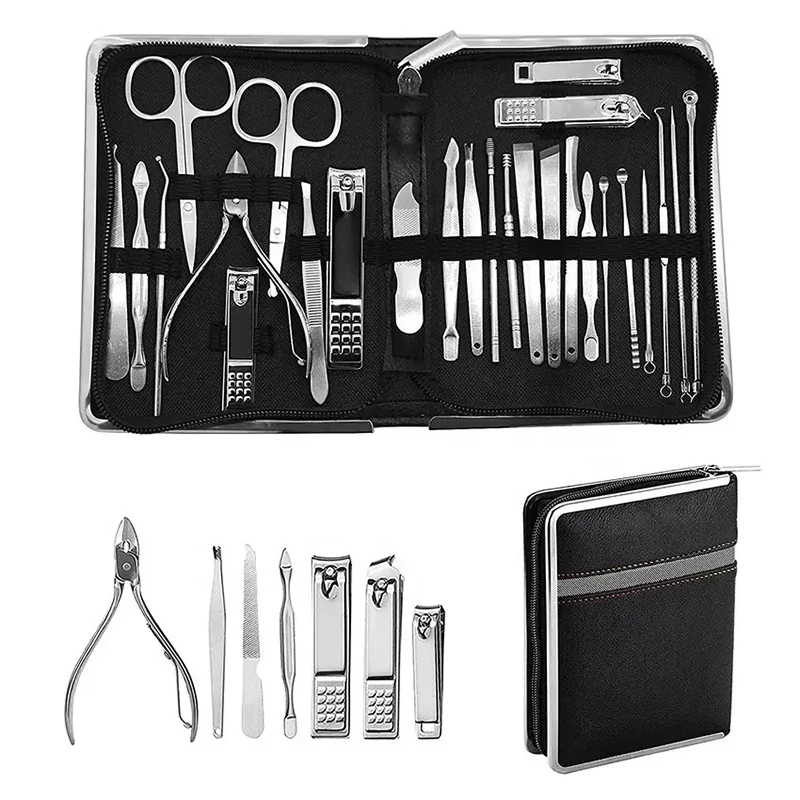 11-26 Pcs Professional Stainless Steel Nail Clippers Manicure Set Cutter Scissor Cuticle Nipper Nail Tools Set Travel Case Kit
